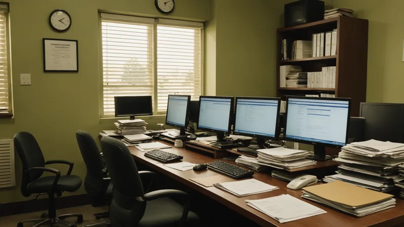 Compliance team member surrounded by stacks of regulatory documents representing manual rebuilding cycle